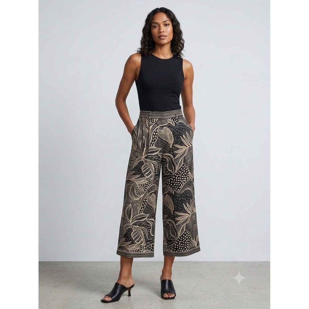 Antonio Melani Wide Leg Pants Womens 10 NWT Black Beige Tropical Leaf Print New